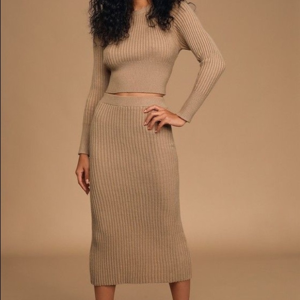 Knit sweater co ord mock neck top & midi skirt